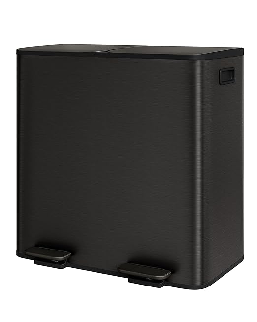 GarveeHome 2 x 10.6 Gallon Stainless Steel Double Trash Can with Lid for Kitchen, Large Dual Trash and Recycle Bin Combo, Step-on Kitchen Metal Garbage Cans, PP Inner Buckets, Liner Rim, Matte Black
