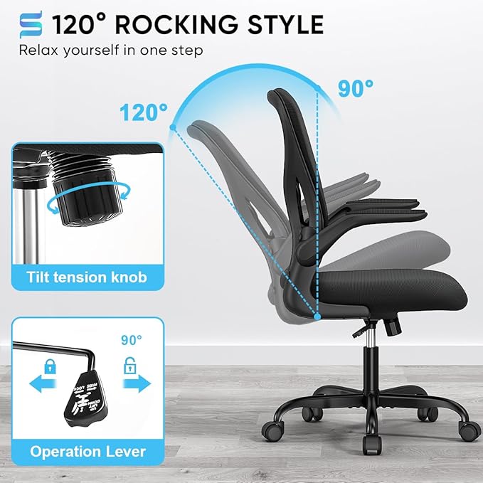 Sytas Ergonomic Desk Chair with Padded Flip up Arms and Supportive Lumbar Support, Breathable Mesh Home Office Chair with Comfortable Cushion for Home or Office(Black)