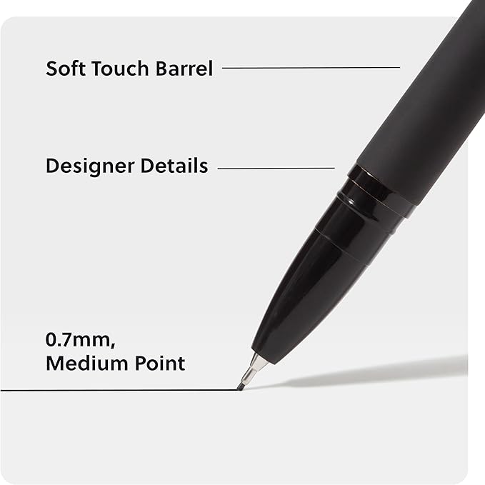U Brands Catalina Felt Tip Pens, Set of 6, Midnight Black, Painted Metal Hardware, Medium (0.7 mm) Point, Black Ink