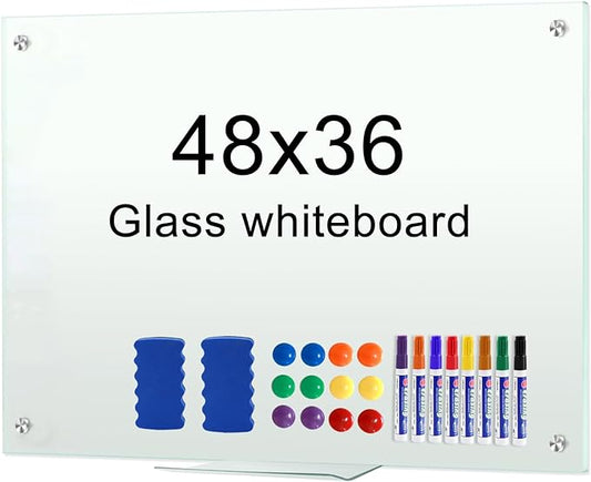 H-Qprobd Dry Erase White Board 48"x36" Glass Magnetic Whiteboard for Wall, Includes 12 Magnets, 8 Markers and 2 Erasers
