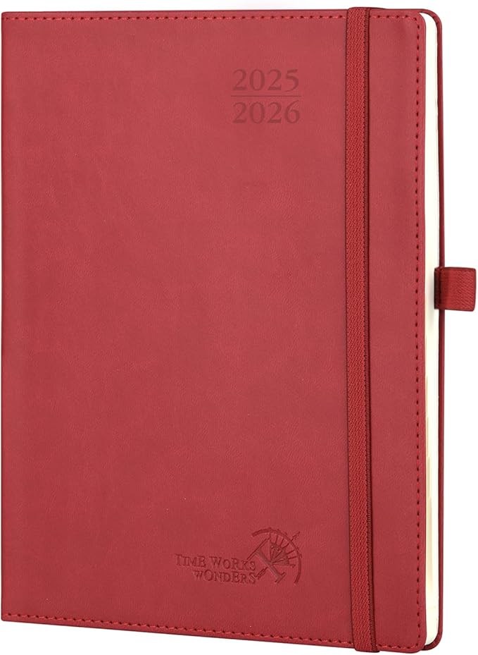 POPRUN Planner 2025-2026 (Medium - 6.5'' x 8.5'') Academic Weekly Calendar (July 2025 - June 2026) with Hourly Time Slots, Monthly Tabs, 100GSM Thick Papers, Leather Soft Cover - Burgundy Red