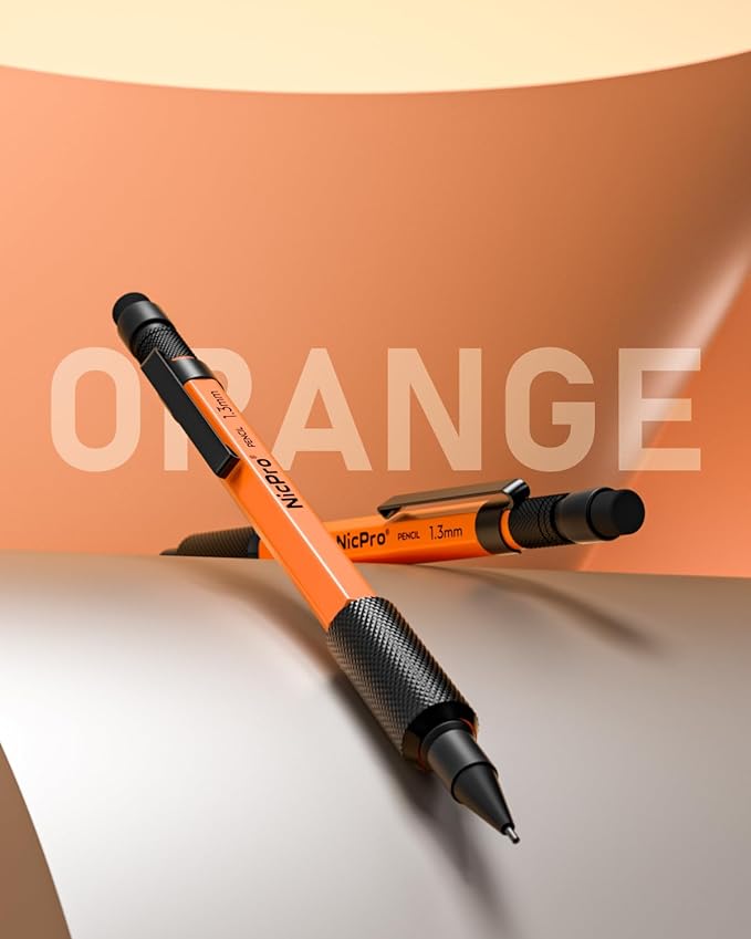 Nicpro 1.3 mm Mechanical Pencils Set with Lead Refill Black & Colors, Eraser - Orange Weatherproof Metal Heavy Duty Carpenter Pencil for Outdoor Marking Drafting Drawing Sketching Woodworking in Case