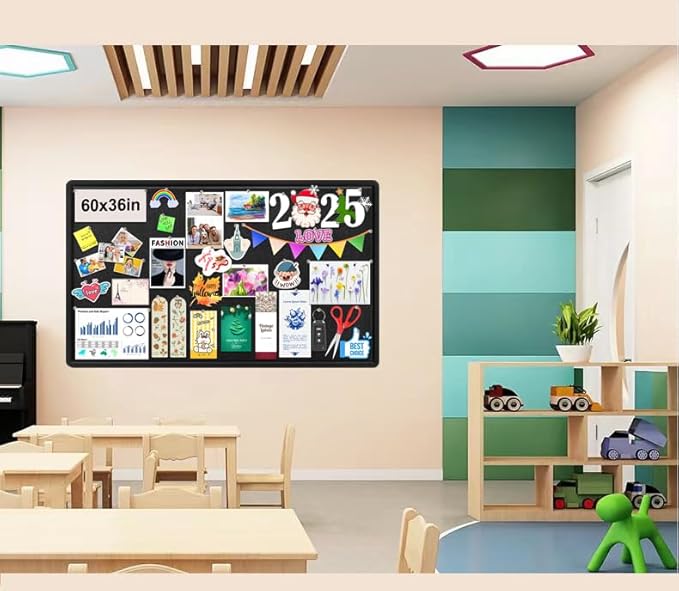 Large Bulletin Board, Foldable 60x36 Inches Cork Board Alternative, Large Felt Board Decorative Pin Board for Wall, Foldable Photo Board Self-Adhesive Vision Board with 36 Pushpins Black