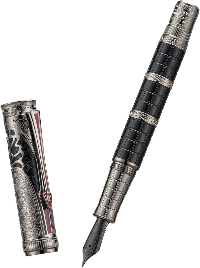 Hongdian D5X Fountain Pen Extra Fine Nib Black Color, Qin Dynasty Retro Chinese Totem Engraving Smooth Writing Pen with Converter and Pen Box Set