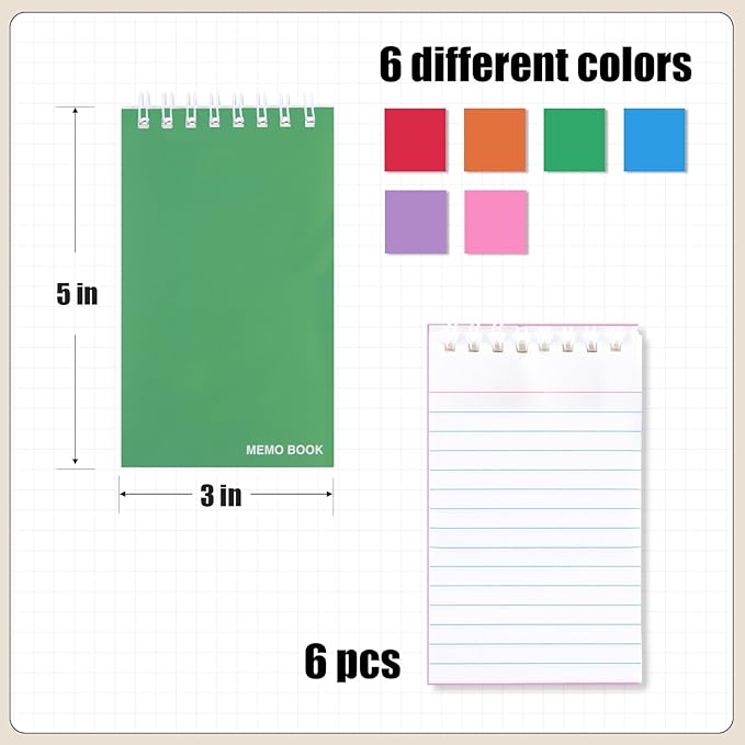 Koogel 6 Pads Mini Spiral Notebooks Bulk, 3x5 Inch Small Line College Ruled Pocket Notepads Memo Tactical Steno Notepad Tiny Note Book Journals Sketchbook for School Students Office Supplies