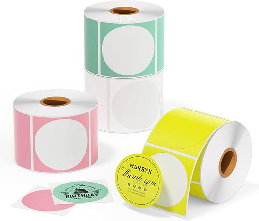 MUNBYN 2 Inch Color Circle Thermal Sticker Label, Self-Adhesive Round Direct Thermal Label for Logo Design, QR Code, White Pink Green Yellow, 3000 Sheets/4 Rolls