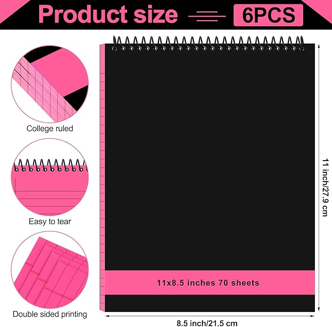 6 Pcs Legal Pad Top Spiral Bound Notebook 70 Sheets Wirebound Notepad Double Sided Ruled Memo Steno Book with Stiff Back Cover for Business(8.5 x 11 Inches,No Holes,Bright Colors)