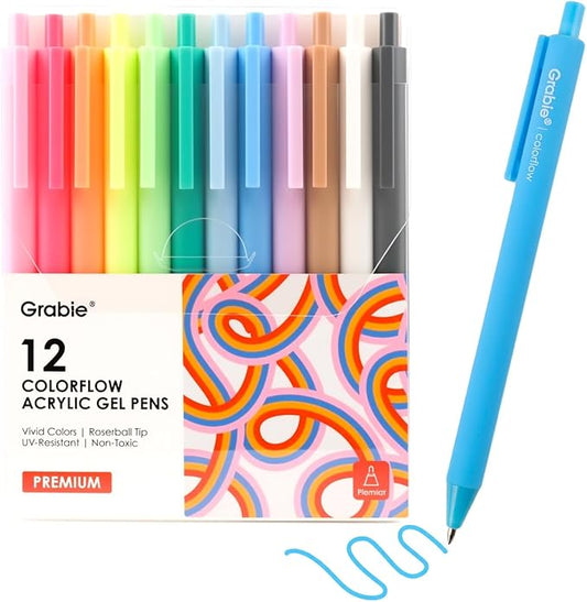 Grabie Acrylic Gel Pens, 0.6mm Fine Point Retractable Gel Pens for Journaling Note Taking, Pack of 12