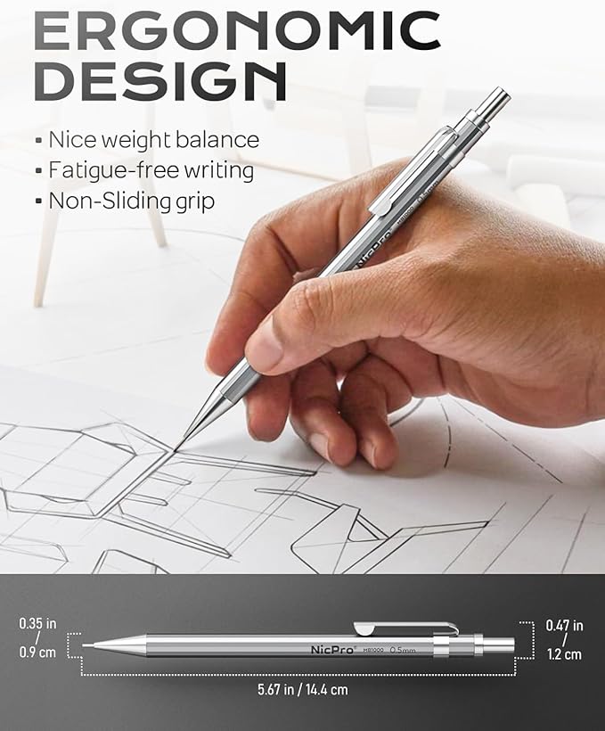 Nicpro 4 Pack Mechanical Pencil 0.5 mm with Case, MB1000 Metal Mechanical Pencil Set with 8 Tube HB #2 Lead Refill 0.5mm, 3PCS 4B Eraser, 9 Cap Eraser for Artist Drafting Writing, Sketching, Drawing
