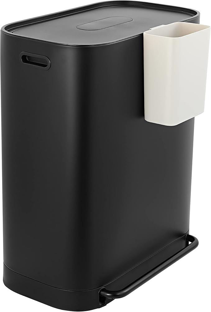happimess HPM1014B Beni Kitchen 16-Gallon Double-Bucket Step-Open Trash Can with Soft-Close Lid, Modern, Minimalistic, Fingerprint Proof for Home, Kitchen, Laundry Room, Office, Bathroom, Black