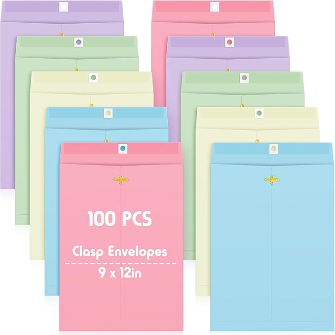 Geyee 100 Pcs Clasp Manilla Envelopes 9 x 12 Inch Gummed Colored Envelopes for Storing or Mailing for Home Office Business Supplies(Pastel Color)