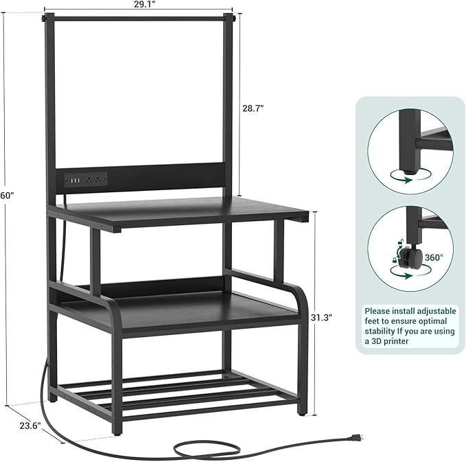 Homieasy Printer Stand with Charging Station, 29.1" x 22.8" Large 3D Printer Table with Filament Storage, Heavy Duty Rolling Printer Cart with 4-Tier Storage for Workshop/Office/Garage, Black