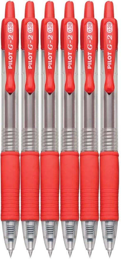 G2 Retractable Premium Gel Ink Roller Ball Pens Ultra Fine Point (.38mm) Red Ink 6 pack; Refillable & Premium Comfort Grip Bundle with Plastic Reusable Pouch