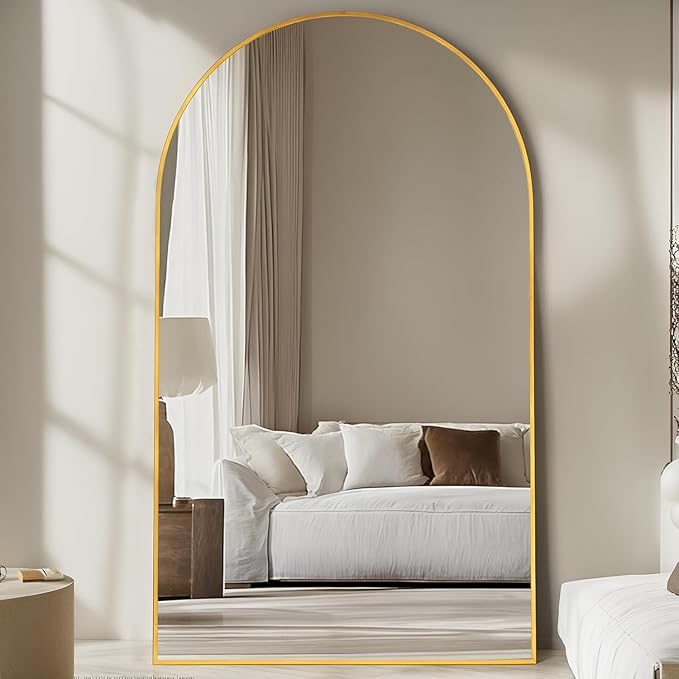Full Length Mirror, 91"x46" Oversized Floor Mirror Freestanding, Full Body Floor Standing Mirrors with Stand, Hanging Mounted for Bedroom Living Room, Gold, Arched Style