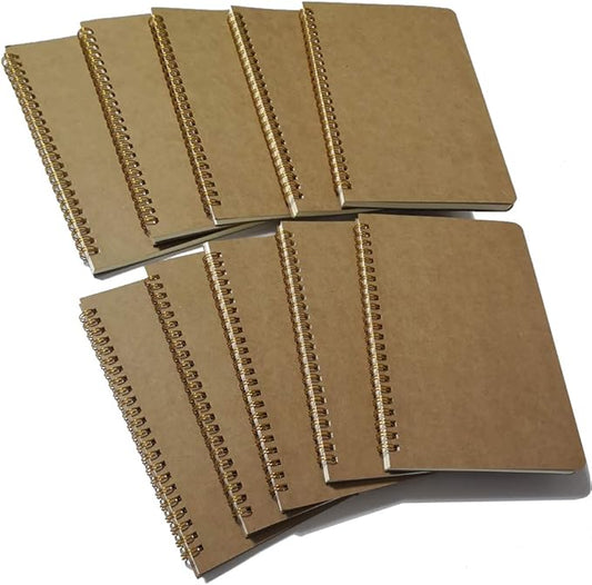 YUREE Softcover Spiral Notebook/Spiral Journal, Kraft Cover, 50 Sheets (100 Pages) Blank Pages, 10 Notebooks Per Pack, A5, 8.5" x 5.7", Brown