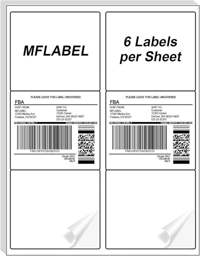 MFLABEL 3-1/3" x 4" Shipping Address Sticker, FBA Labels, 6-UP Sticker Label, White Shipping Label, Easy to Peel, Address Paper for Laser/Ink Jet Printer, 6 Per Page (96000 Labels, 16000 Sheets)