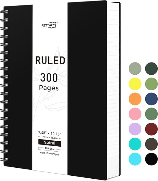 RETTACY Spiral College Ruled Notebook, 300 Pages, B5 Medium Size (7.4" x 10"), for School, Work, Writing, Journaling, 100 GSM Thick Paper, Flexible Plastic Cover (Black)