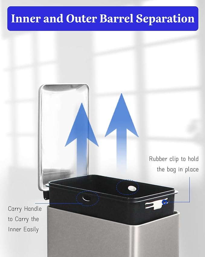 Grey Trash Can, 2.6 Gallon Bathroom Trash Can with Lid, Stainless Steel Garbage Can with Removable Liner, 10 Liter Rectangle Step Trash Bin for Office, Kitchen, Bedroom, Living Room, Dorm