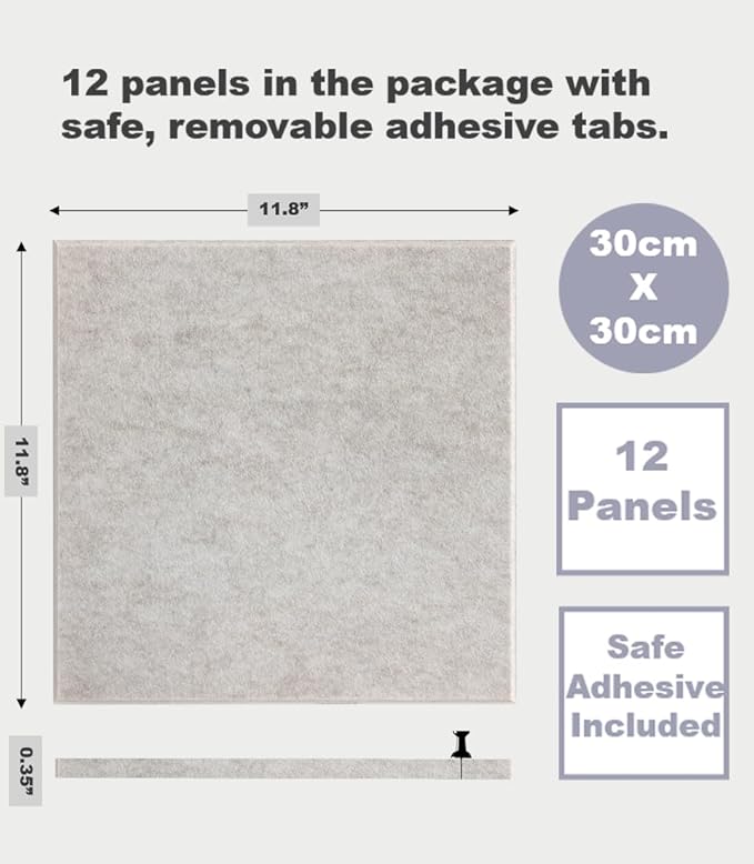 Large Cork Board Alternative - 12-Pack Felt Wall Tiles with Safe Removable Adhesive Tabs, Cork Wall Tiles Bulletin Board Home Office Essentials - Ivory