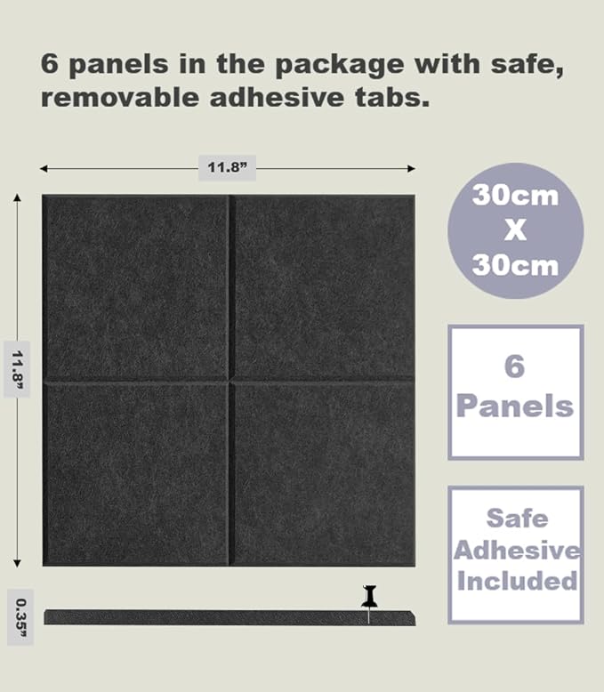 Cork Board 24 x36 Alternative - 6 Pack Felt Wall Tiles with Safe Removable Adhesive Tabs, Cork Boards for Walls Cork Board for Home Office Pin Board Tack Board - Black