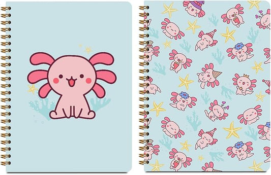 2 Pcs Axolotl Spiral Notebooks for Work, A5(8.3x5.8inch) Composition Notebook College Ruled Note Book, Cute Animal Hardcover Notepads Diary Lined Travel Journal for Writing, Axolotl Gifts for Women