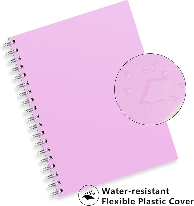 RETTACY Spiral College Ruled Notebook, 300 Pages, B5 Medium Size (7.4" x 10"), for School, Work, Writing, Journaling, 100 GSM Thick Paper, Flexible Plastic Cover (Lilac)
