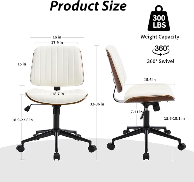 Small Home Office Chair - Armless Mid Back Desk Chair with 360° Swivel and Wheels, PU Upholstered Height Adjustable Modern Walnut Computer Chair for Home, Office Meeting Room - Black