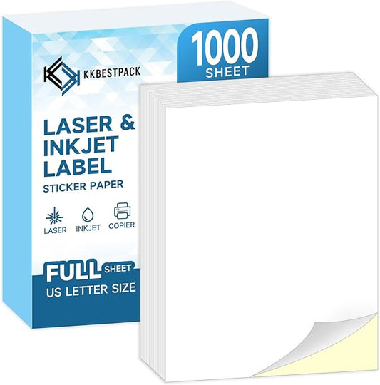 Full Sheets Sticker Paper – 1000 Sheets, 8.5" x 11" Letter Size, for Inkjet & Laser Printers