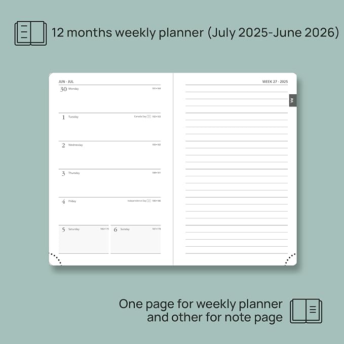 POPRUN Planner 2025-2026 Weekly Notebook for Purse(Pocket Size 4''x 6.25'') Small Academic Calendar (JUL.25 - JUN.26) with Monthly Tabs, Leather Soft Cover, Inner Pocket, 100 GSM - Black