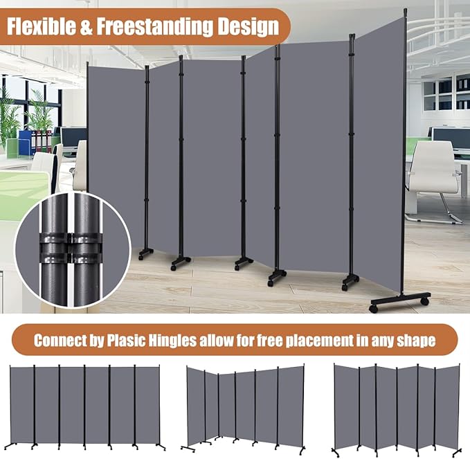 Room Divider Portable 132'' Partition Room Dividers and Folding Privacy Screens 6 Panel Wall Divider for Room Separation, Freestanding Fabric Room Divider Panel with Wheels for Home Office Hospital