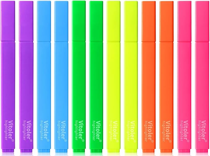 Vitoler Highlighters Assorted Colors,12pcs No Bleed Highlighters,Chisel Tip Cute Highlighter for School Office Supplies