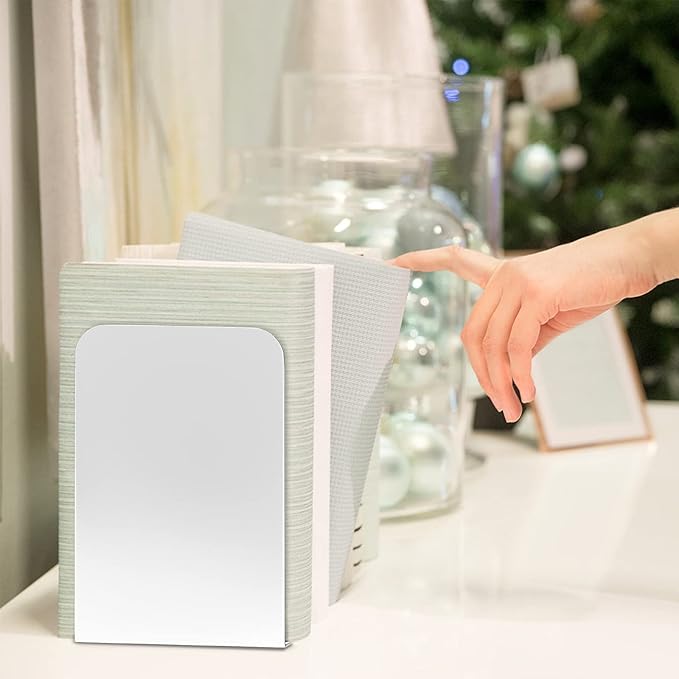 VFINE Bookends 4 Pairs, White Metal Book Ends, Bookends for Shelves, Book Stopper for Heavy Books, Book Dividers for Home Office