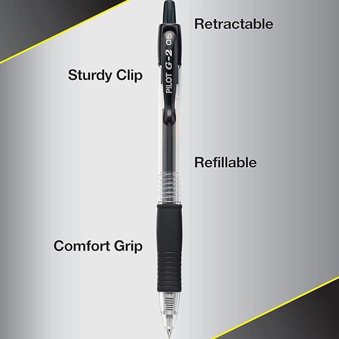 G2 Retractable Premium Gel Ink Roller Ball Pens Extra Fine Point (.5mm) Black Ink 3 pack; Refillable & Premium Comfort Grip Bundle with Plastic Reusable Pouch
