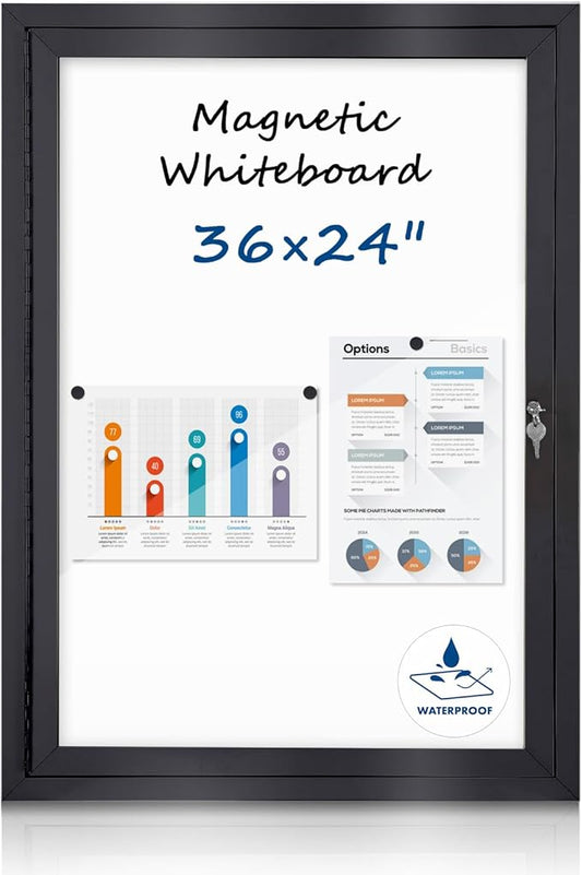 Outdoor Bulletin Board 36x24 in, Weatherproof Enclosed Bulletin Board with Locking Door, Magnetic Whiteboard, Black Aluminum