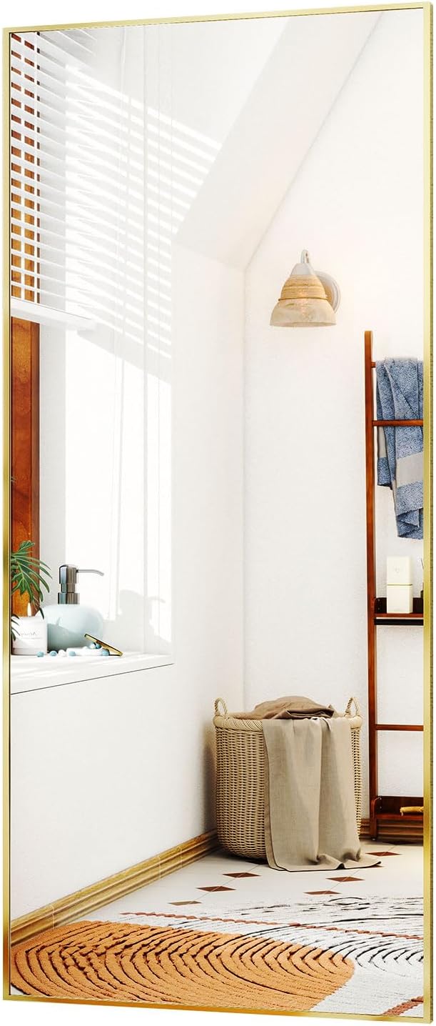 Full-Length Mirror, 24"x68" Floor Mirror with Stand, Wall-Mounted Mirror for Bathroom, Dressing Room - Hanging or Leaning - Full Body Mirrors for Bedroom, Gold