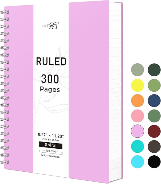 RETTACY Spiral College Ruled Notebook, 300 Pages, A4 Large Size (8.2" x 11.2"), for School, Work, Writing, Journaling, 100 GSM Thick Paper, Flexible Plastic Cover (Lilac)