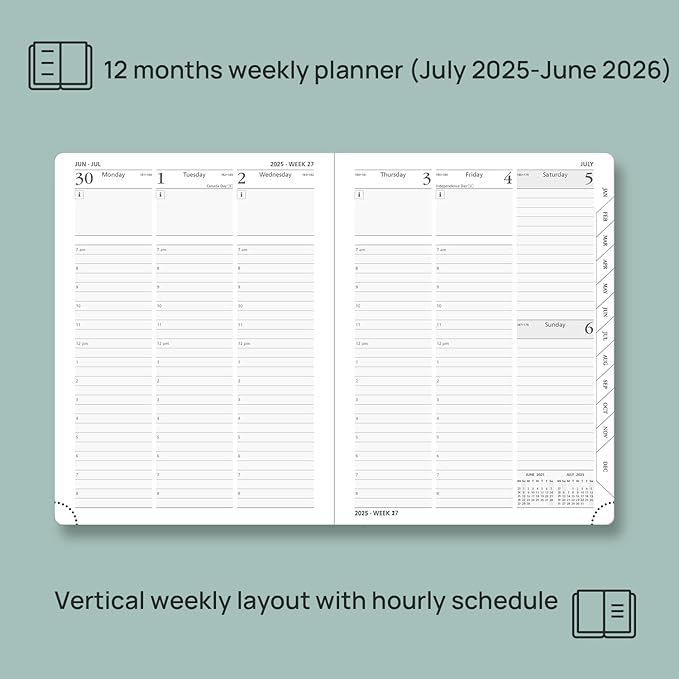 POPRUN Planner 2025-2026 (Medium - 6.5'' x 8.5'') Academic Weekly Calendar (July 2025 - June 2026) with Hourly Time Slots, Monthly Tabs, 100GSM Thick Papers, Leather Soft Cover - Pacific Green