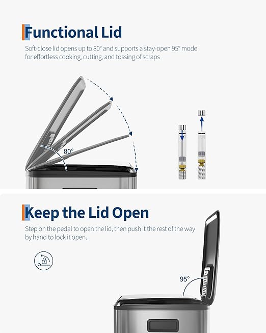 GarveeHome 2 x 10.6 Gallon Stainless Steel Double Trash Can with Lid for Kitchen, Large Dual Trash and Recycle Bin Combo, Step-on Kitchen Metal Garbage Cans, PP Inner Buckets, Liner Rim, Silver