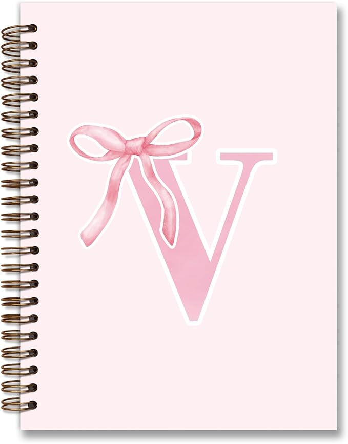 Coquette Trendy Preppy Pink Bow Spiral Notebook,Initial V Journal Personalized Teen Girl Gifts,Monogrammed Gifts for Women Teen Girl,College Ruled Hardcover Spiral Notebook 5.5 x 8.3