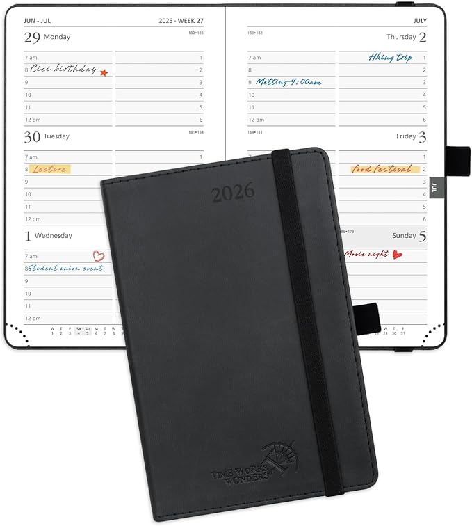 POPRUN Pocket Calendar 2026 (Small Size- 4'' x 6.25") Weekly and Monthly for Purse - Planner 2026 (Jan. 2026 - Dec. 2026) with Vegan Leather Soft Cover, Plastic Ruler, Pen Holder and More - Black