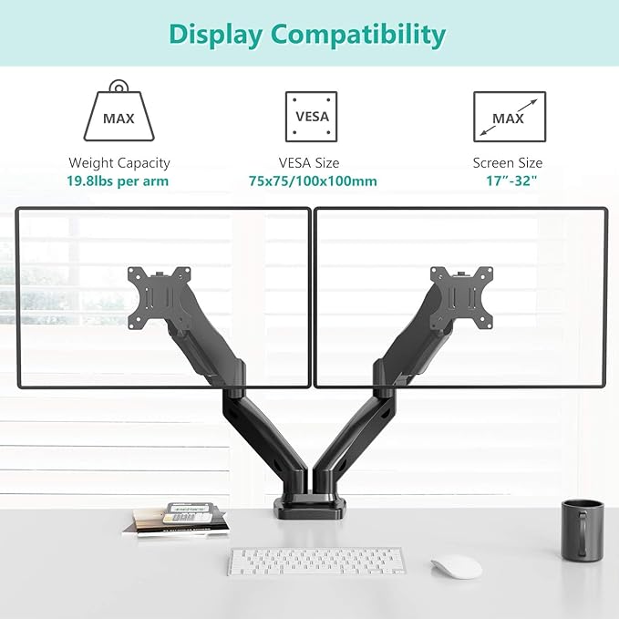 WALI Dual Monitor Mount, Monitor Arms for 2 Monitors Fully Adjustable Gas Spring Desk Mount Swivel Mounting Holes Bracket with C Clamp, Grommet Base for Display Up to 32 Inch 19.8lbs (GSMP002), Black