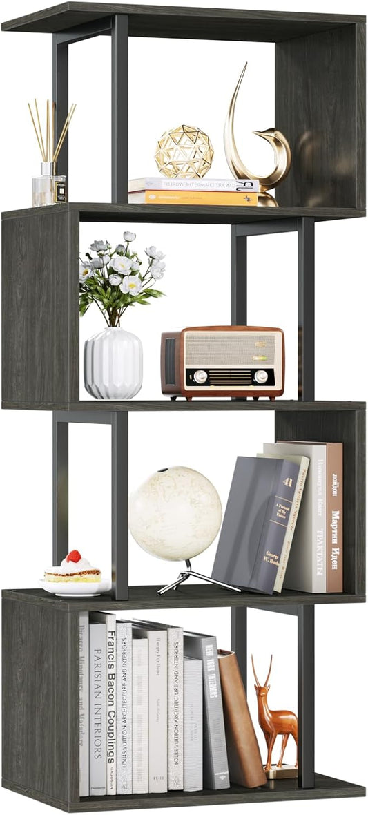 Furologee Geometric Bookshelf 5 Tier Bookcase, Industrial S-Shaped Display Storage Shelf for Small Space, Tall Metal Wood Decorative Standing Shelves for Bedroom, Living Room, Office, Black Oak
