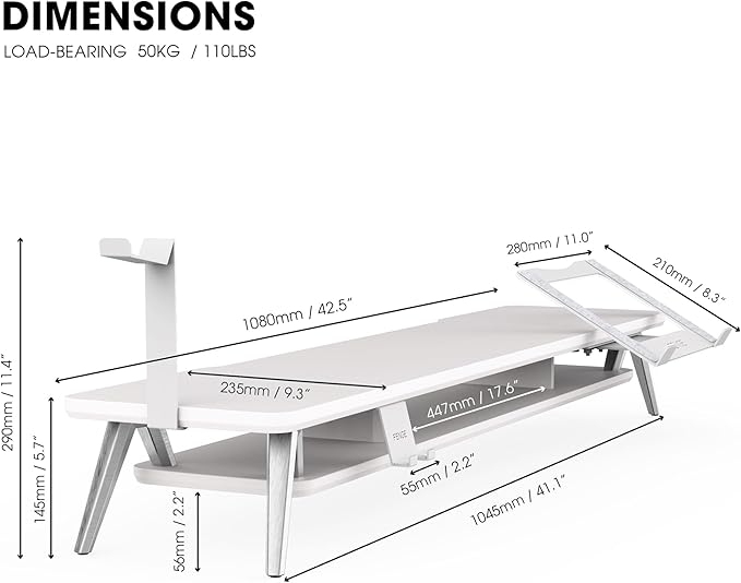 Fenge Dual Monitor Stand, Monitor Riser for 2 Monitors with Adjustable Laptop Riser , 42.5 Inch Desk Shelf for Top of Desk with Phone Holder& Headphone Stand
