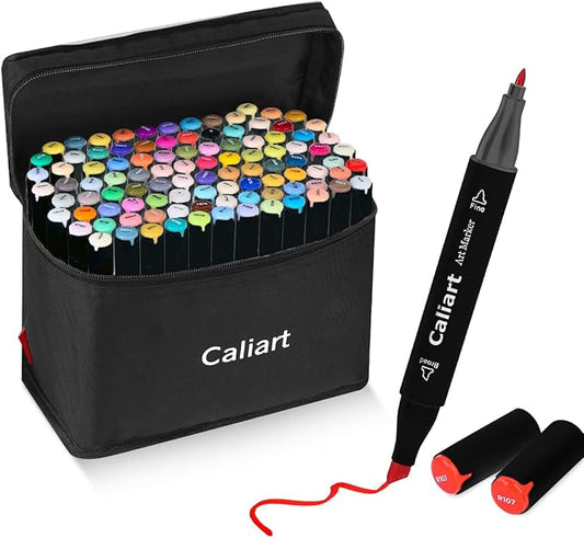 Caliart Markers, 100 Colors Dual Tip Art Markers Sketch Pens Permanent Alcohol Based, with Case for Adult Kids Halloween Drawing Sketching (Black Barrel)