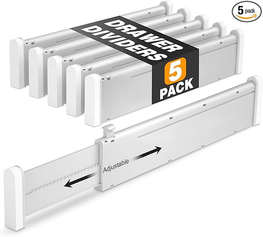 HiYZ Expandable Drawer Dividers - 12.6-22.8'' Adjustable Drawers Organizers for Kitchen Utensils, Drawer Separators in Bedroom, Dresser, Office, Bathroom, Fridge, 5 Pack Long Dividers-Gray