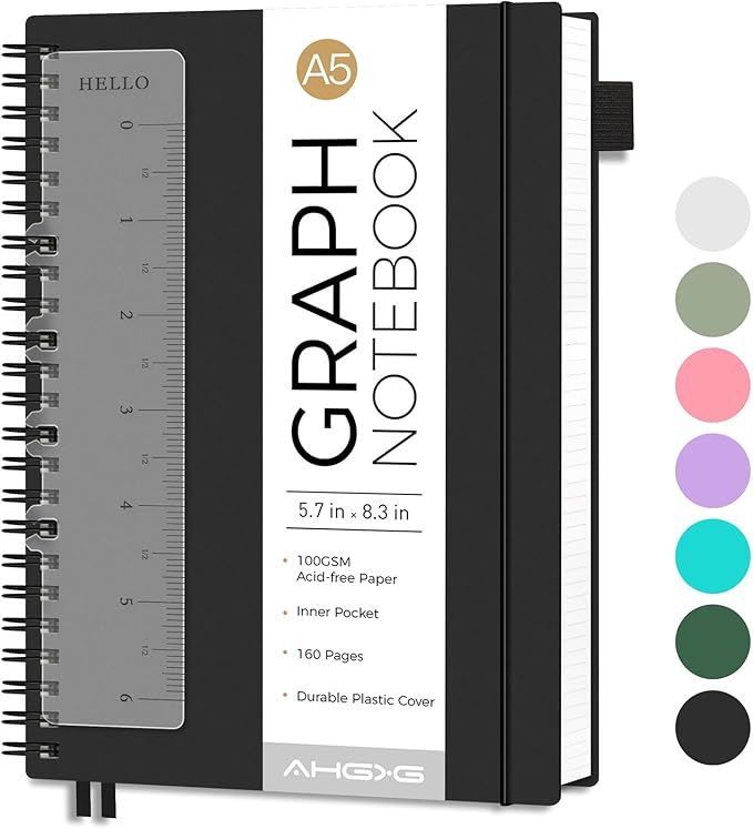 AHGXG Graph Paper Notebook - Spiral Notebook Journal 160 Pages, A5 Graph Notebook 5.7" x 8.3", 100 gsm Thick Grid Paper, Waterproof Plastic Cover, for School Writing Engineering Math, Black