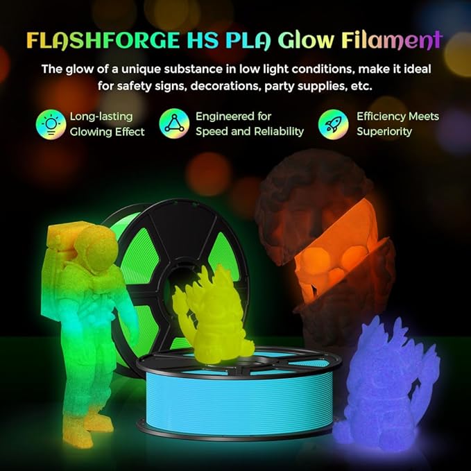 FLASHFORGE Glow in The Dark Rapid PLA Filament 1.75mm, High Flow Speedy 3D Printer Filament Luminous Red, Max 500mm/s High-Speed Printing, High Brightness and Long-Lasting Glowing Effect