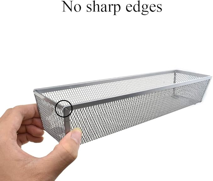 HAHIYO Stackable Mesh Tray Cup 12 x 3 x 2 inches Sturdy Container for Desk Drawer Organizer Collection for Home Office School kitchen Soft Foam Feet No Sharp Edges 2 Pack Silver