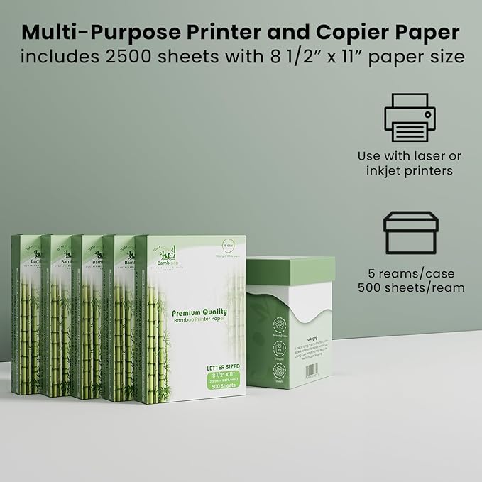 Bamboo Printer Paper - 8 1/2” x 11” - 20LB Multipurpose White Paper - Made from Bamboo Fiber, Renewable Resources, Zero Trees Used - 5 reams (2500 Sheets)