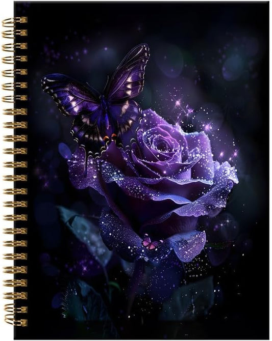 Spiral Journal Notebook,A5 Hardcover Lined Journals for Women 6 x 8.3 in,120 Pages Thick Paper,Cute College Ruled Writing Notebook for Gifts Office Work School(Sparkle Purple Butterfly Floral)